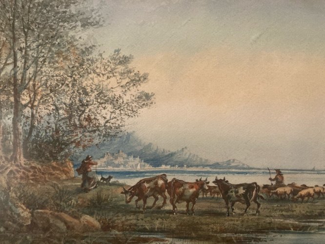 Peinture XIXe Gouache Emile Henry Troupeau Vache Animal Art Ancien Painting Old