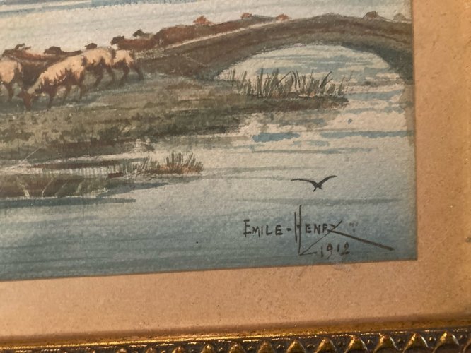 Peinture XIXe Gouache Emile Henry Troupeau Vache Animal Art Ancien Painting Old
