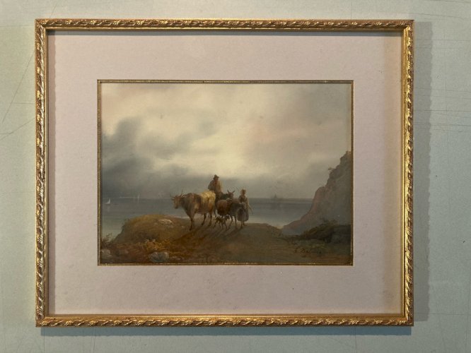 Peinture XIXe Gouache Giuseppe DELPINO Bateau Mer Océan Art Ancien Painting Old