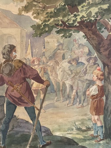 Peinture XIXe Gouache Papier Guillaume Tell Arc Fleche Pomme Ancien
