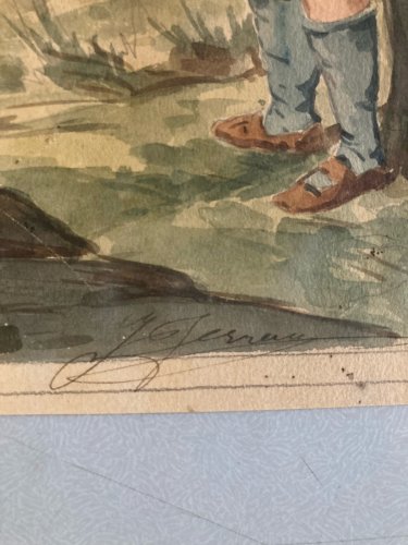 Peinture XIXe Gouache Papier Guillaume Tell Arc Fleche Pomme Ancien