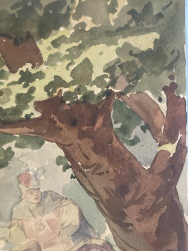Peinture XIXe Gouache Papier Guillaume Tell Arc Fleche Pomme Ancien