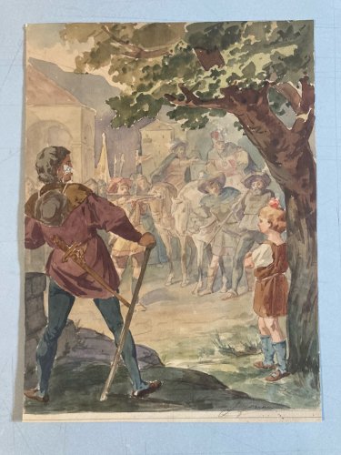 Peinture XIXe Gouache Papier Guillaume Tell Arc Fleche Pomme Ancien