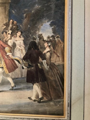 Peinture XIXe Gouache Papier Scène Galante Ancien Romantisme Romantique