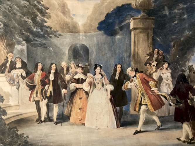 Peinture XIXe Gouache Papier Scène Galante Ancien Romantisme Romantique