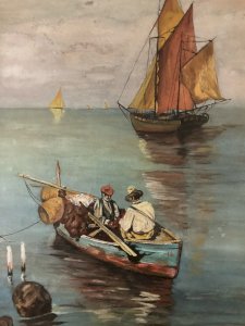 Peinture XIXe Gouache Pêche Bateau Mer Méditerranée Marseille Ancien