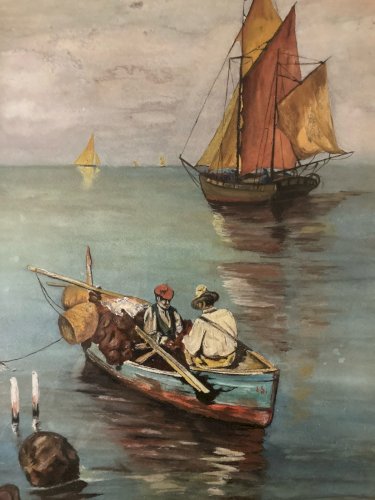 Peinture XIXe Gouache Pêche Bateau Mer Méditerranée Marseille Ancien