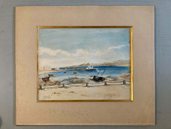 Peinture XIXe Gouache Pêche Bateau Mer Océan Plage 1899 Art Ancien