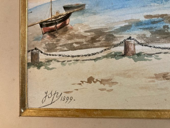 Peinture XIXe Gouache Pêche Bateau Mer Océan Plage 1899 Art Ancien