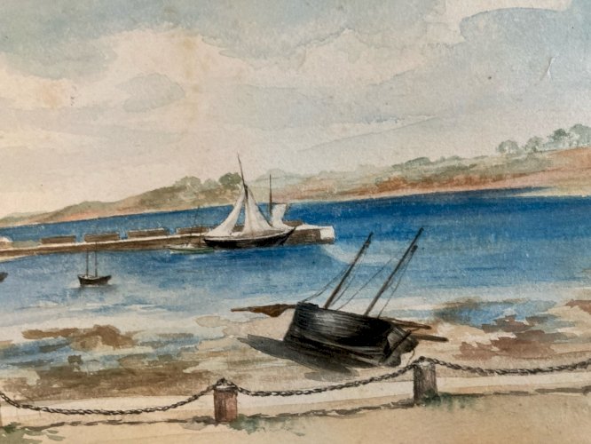 Peinture XIXe Gouache Pêche Bateau Mer Océan Plage 1899 Art Ancien