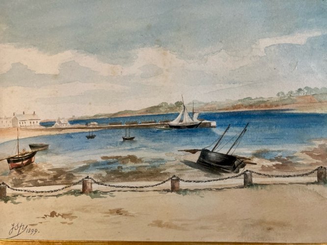 Peinture XIXe Gouache Pêche Bateau Mer Océan Plage 1899 Art Ancien