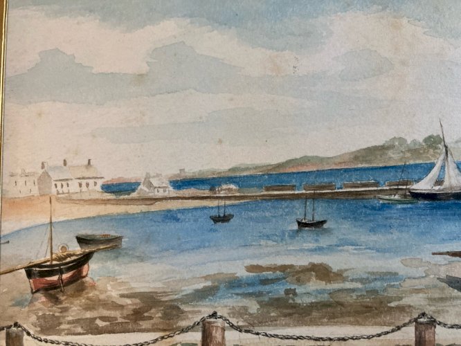 Peinture XIXe Gouache Pêche Bateau Mer Océan Plage 1899 Art Ancien