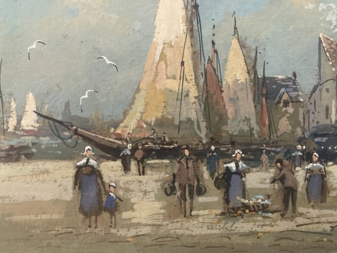 Peinture XIXe Gouache Signé À Identifier Bateau Mer Océan Ancien Painting Old