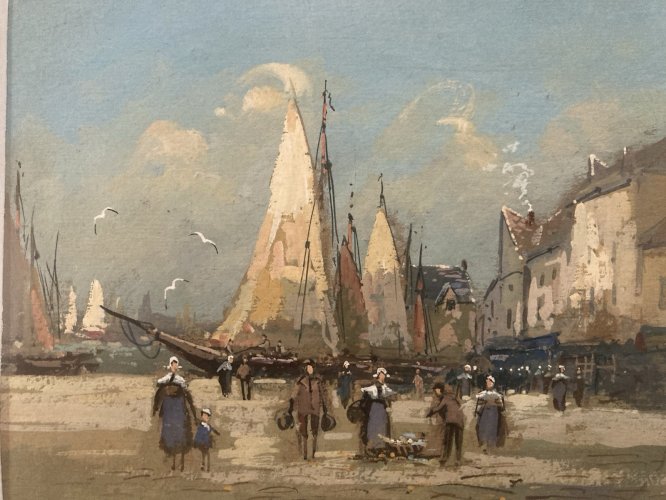 Peinture XIXe Gouache Signé À Identifier Bateau Mer Océan Ancien Painting Old
