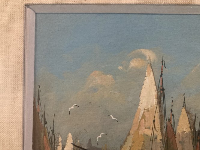 Peinture XIXe Gouache Signé À Identifier Bateau Mer Océan Ancien Painting Old
