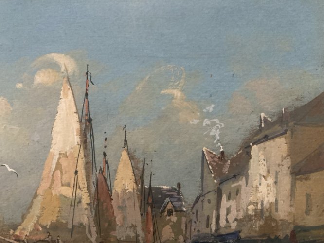 Peinture XIXe Gouache Signé À Identifier Bateau Mer Océan Ancien Painting Old