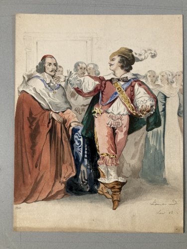 Peintures Aquarelle Sur Papier 1842 Louis XIII Mazarin Drapé Tissus À Identifier