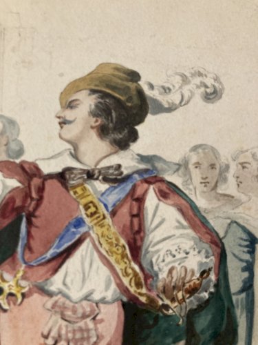 Peintures Aquarelle Sur Papier 1842 Louis XIII Mazarin Drapé Tissus À Identifier