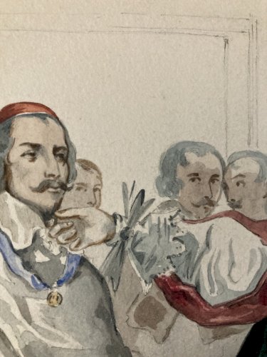 Peintures Aquarelle Sur Papier 1842 Louis XIII Mazarin Drapé Tissus À Identifier