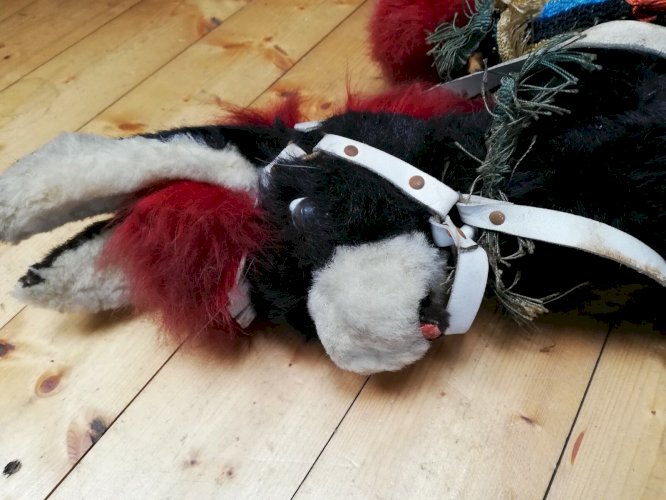 Peluche Ancienne âne noir et rouge/jouet ancien/English toy/Old donkey plush