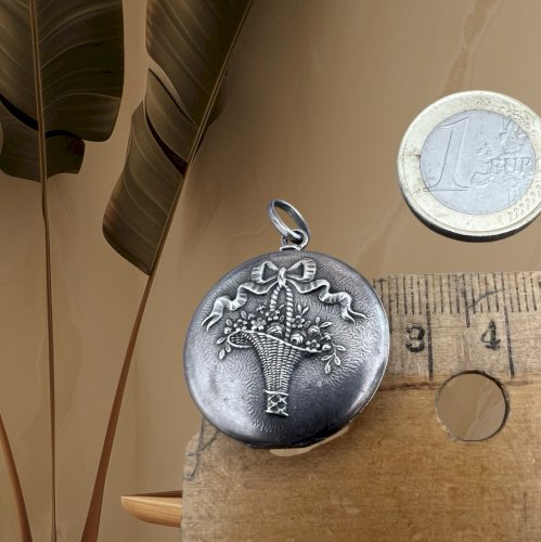 Pendentif  Panier  Fleuri Souvenir Photo 1900 Argent Poinçon France Antique