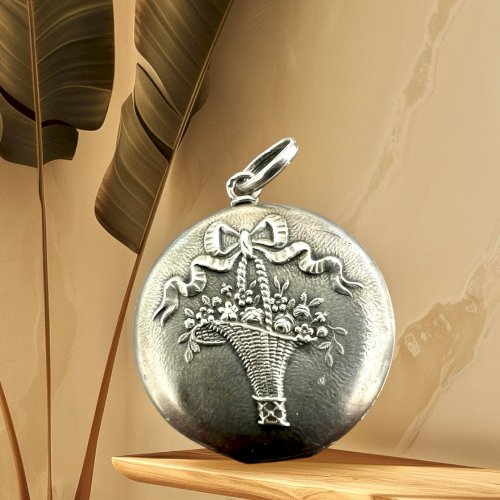 Pendentif  Panier  Fleuri Souvenir Photo 1900 Argent Poinçon France Antique