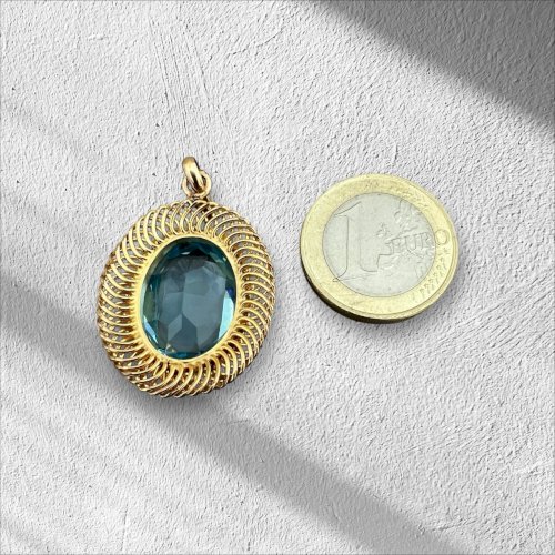 Pendentif vintage plaqué or poinçonné imitation aigue-marine vers 1950
