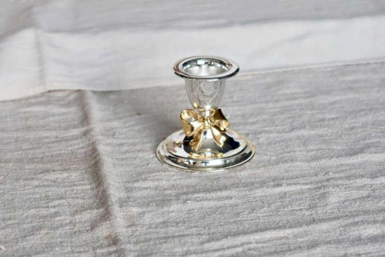 Petit bougeoir vintage métal argenté et nœud doré