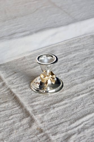 Petit bougeoir vintage métal argenté et nœud doré