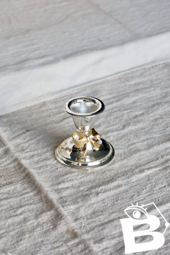 Petit bougeoir vintage métal argenté et nœud doré