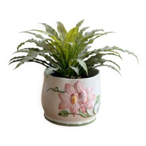 Small vintage porcelain planter with a pink flower design.