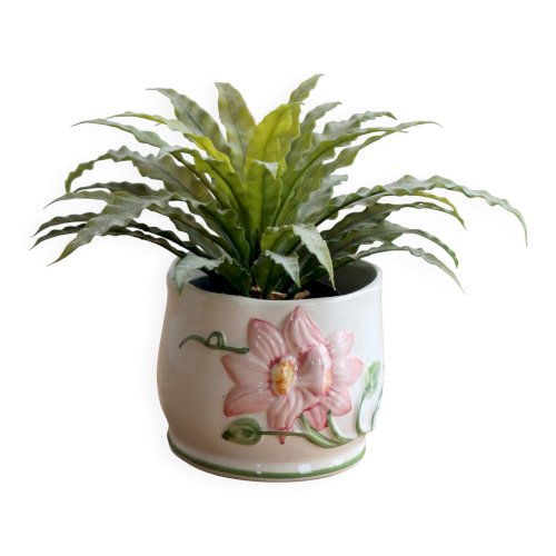 Petit cache-pot vintage en barbotine à décor de fleur rose