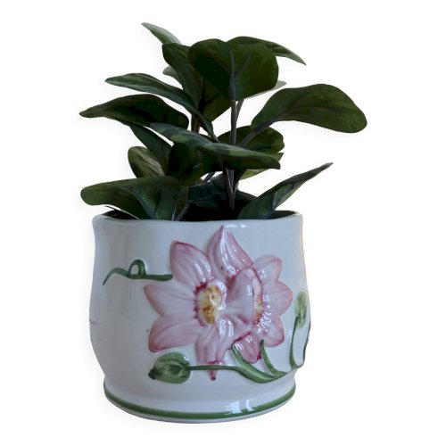Petit cache pot vintage faience motif barbotine fleur rose