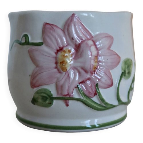 Petit cache pot vintage faience motif barbotine fleur rose