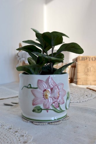 Petit cache pot vintage faience motif barbotine fleur rose