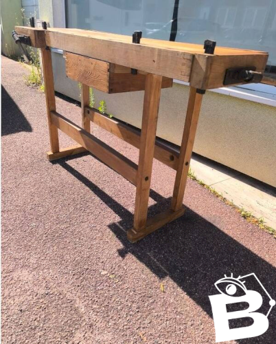 Petit établi de menuisier vintage en bois massif – Console de charme
