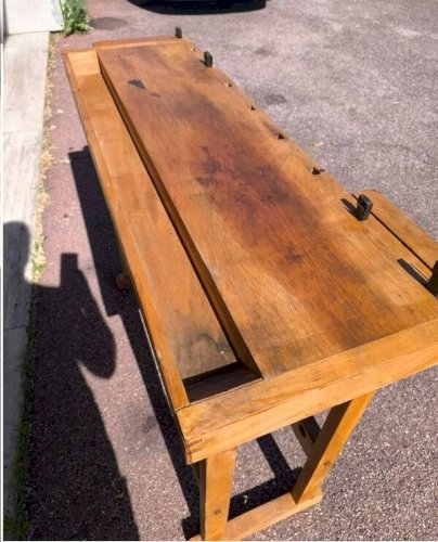 Petit établi de menuisier vintage en bois massif – Console de charme