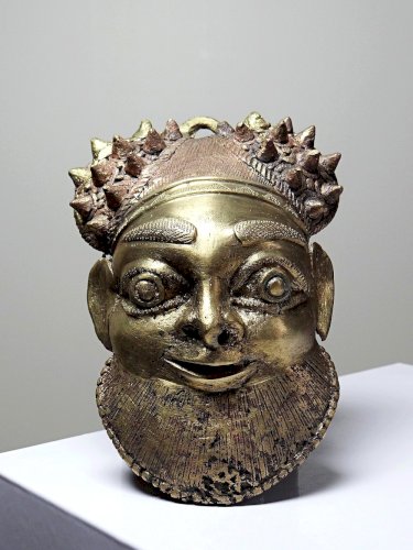 Petit masque d'Oba bronze doré Bamoun, Cameroun, vintage Afrique