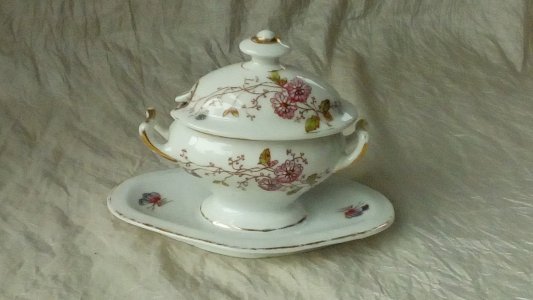 PETIT MOUTARDIER SUR DORMANT EN PORCELAINE DECOR PAPILLON ET FLORAL*