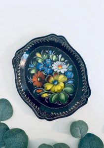 Small lacquered metal tray Russian Zhostovo vintage USSR folklore