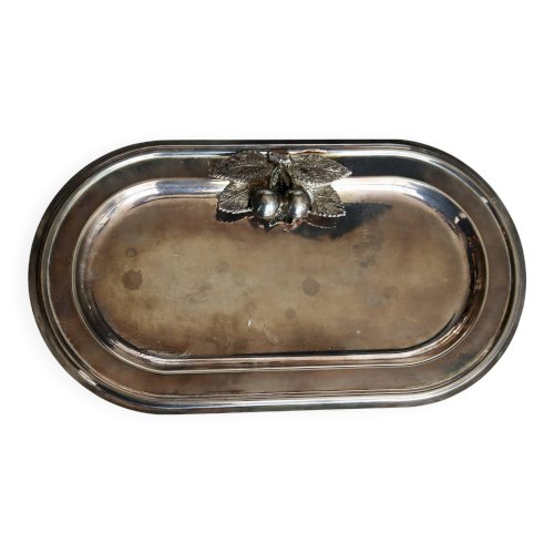 Petit plateau vintage ovale en métal argenté - Décor cerises en relief