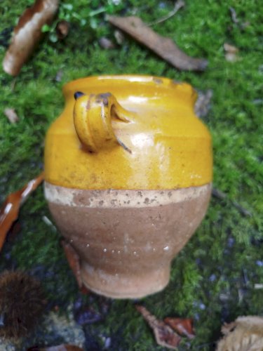 Petit pot à gésiers ancien. Pot jaune à confit 