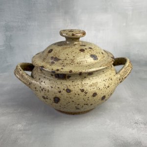 Small covered pot with double handles in pyritic stoneware unsigned DLG Tiffoche