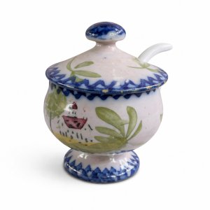 Petit pot couvert en faïence décor champêtre – Moutardier ancien – 7 cm