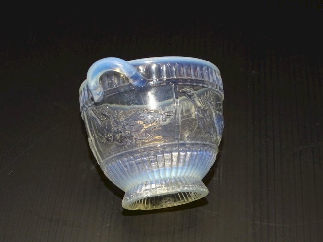 -PETIT POT en VERRE en Parti OPALESCENT à décor d'OIE Déco TABLE VITRINE Signé D