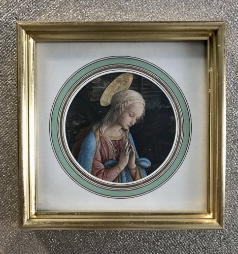 Petit tableau icône religieuse vierge en adoration vintage