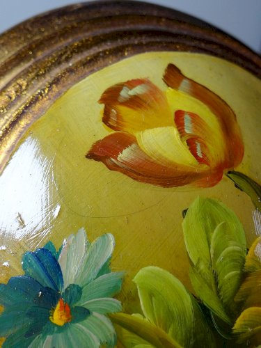 Petit tableau médaillon huile sur bois bombé Italien vintage bouquet de fleurs
