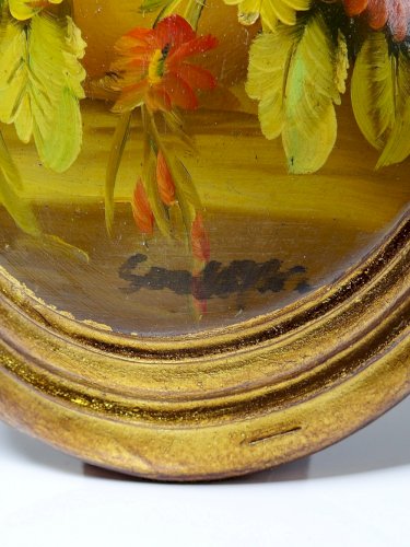 Petit tableau médaillon huile sur bois bombé Italien vintage bouquet de fleurs