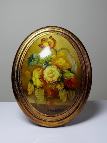 Petit tableau médaillon huile sur bois bombé Italien vintage bouquet de fleurs