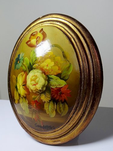 Petit tableau médaillon huile sur bois bombé Italien vintage bouquet de fleurs